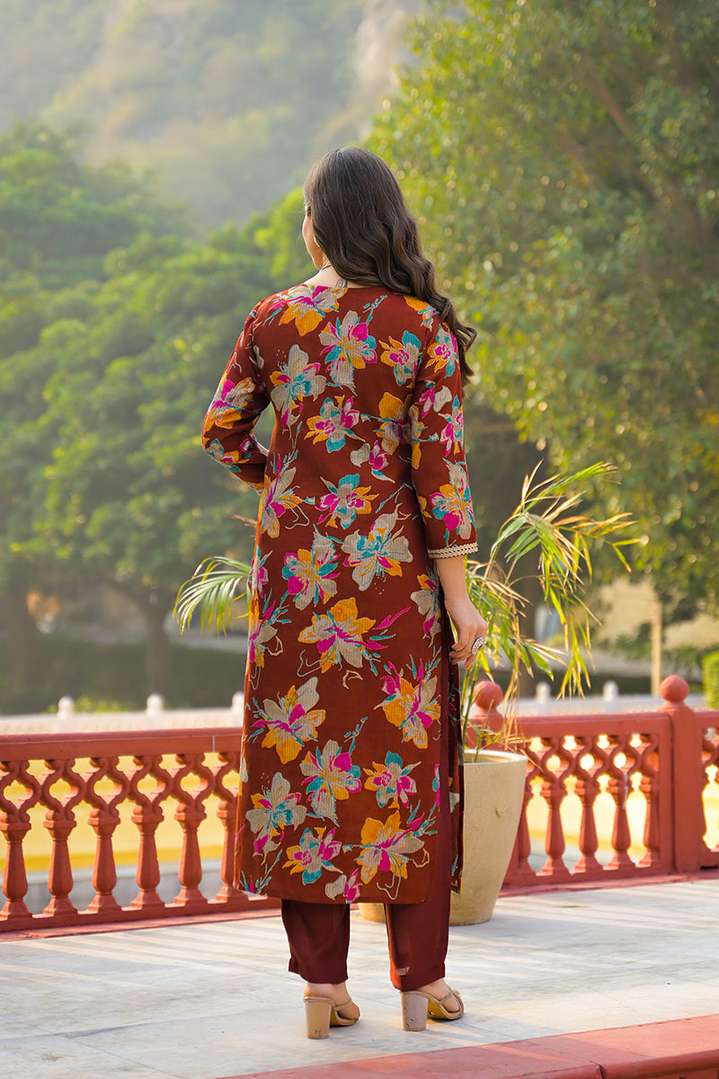 Brown Viscose Floral Printed Straight Kurta Trousers With Dupatta PKSKD3152