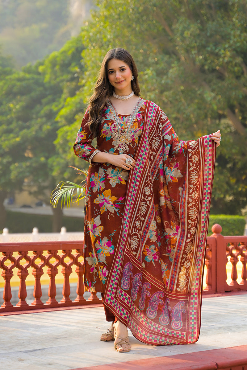 Brown Viscose Floral Printed Straight Kurta Trousers With Dupatta PKSKD3152