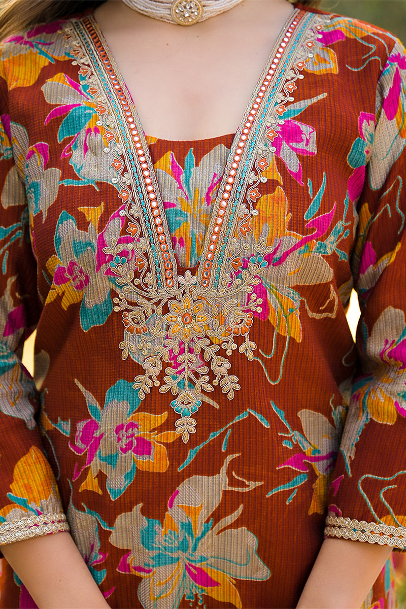 Brown Viscose Floral Printed Straight Kurta Trousers With Dupatta PKSKD3152
