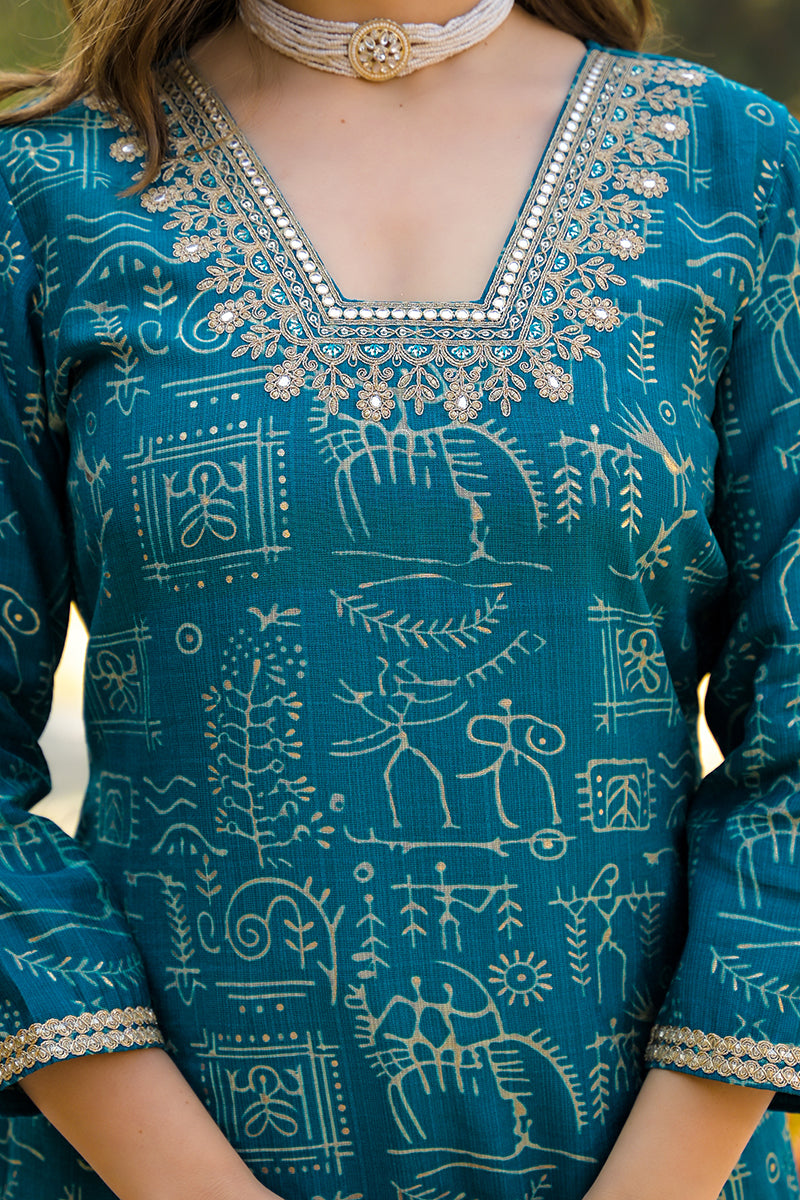 Blue Viscose Ethnic Motifs Printed Straight Kurta Trousers With Dupatta PKSKD3157