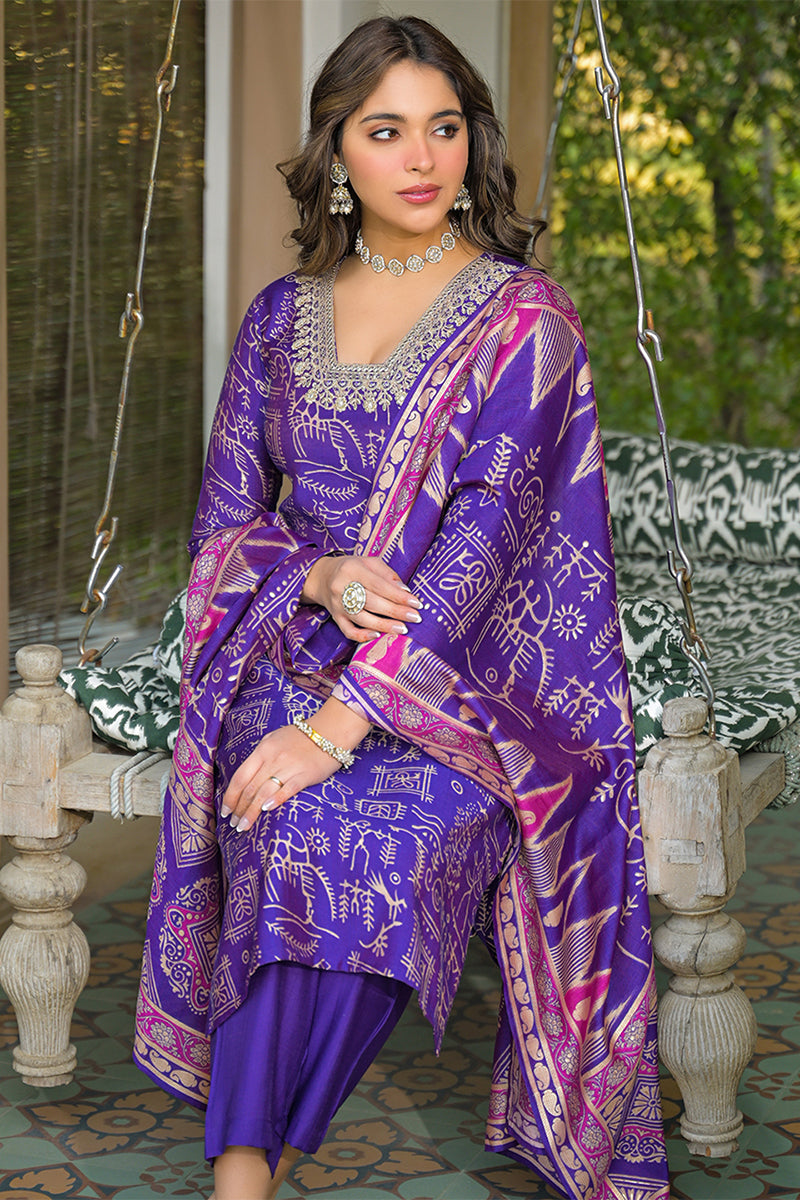 Purple Viscose Ethnic Motifs Printed Straight Kurta Trousers With Dupatta PKSKD3158