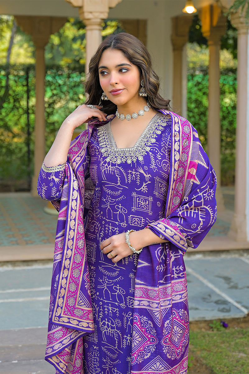 Purple Viscose Ethnic Motifs Printed Straight Kurta Trousers With Dupatta PKSKD3158