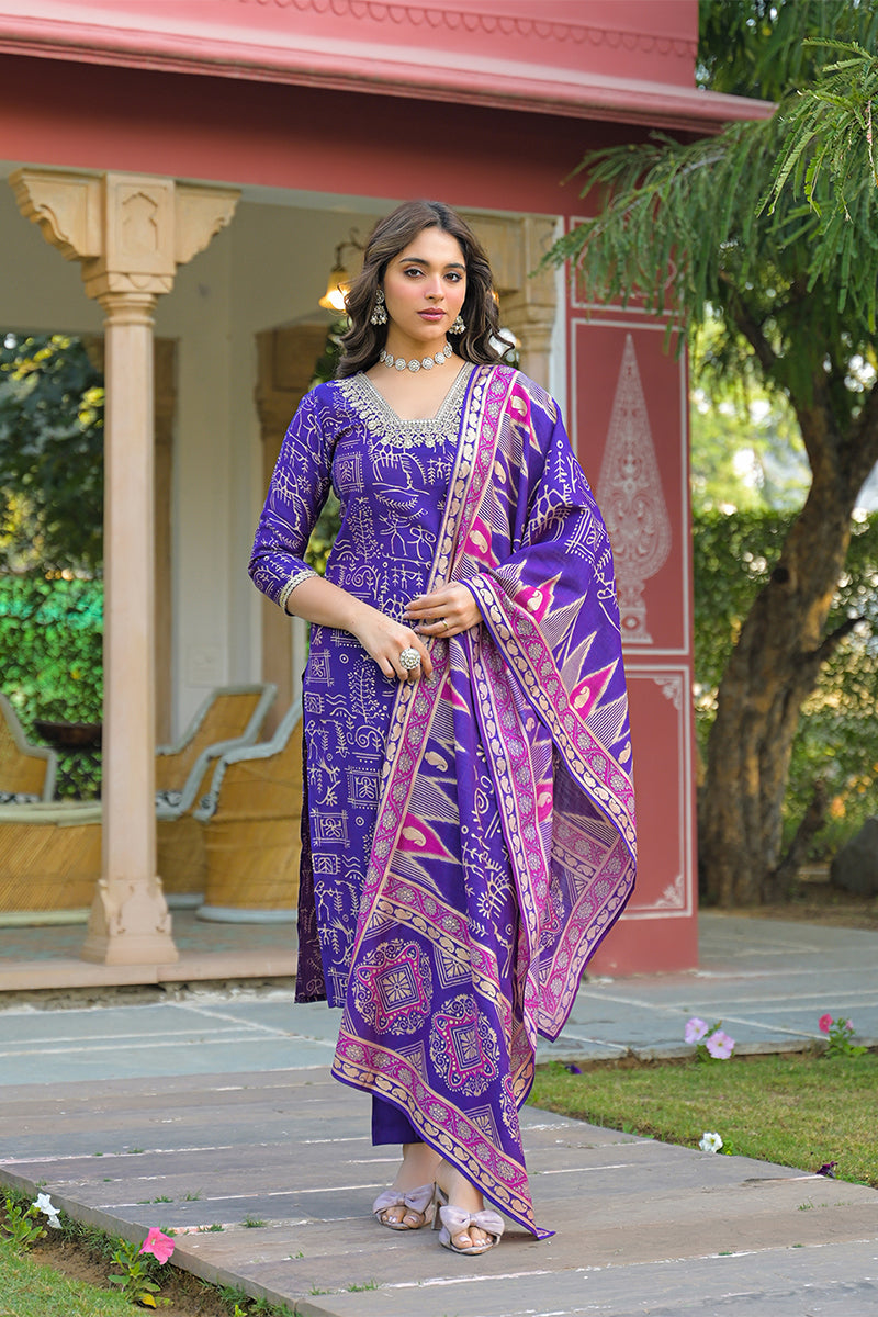 Purple Viscose Ethnic Motifs Printed Straight Kurta Trousers With Dupatta PKSKD3158