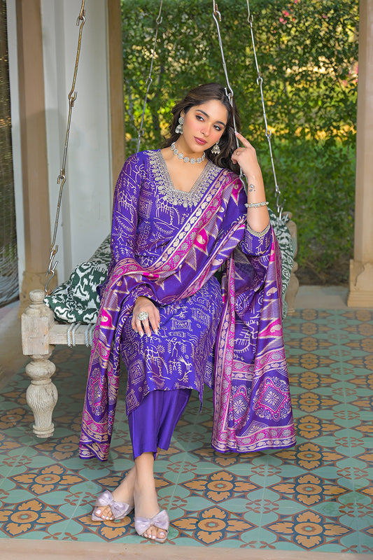 Purple Viscose Ethnic Motifs Printed Straight Kurta Trousers With Dupatta PKSKD3158