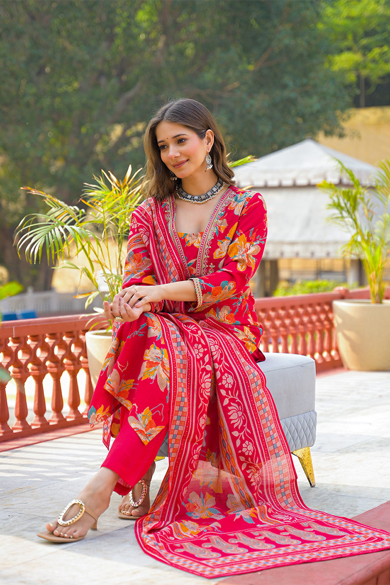 Red Viscose Floral Printed Straight Kurta Trousers With Dupatta PKSKD3159