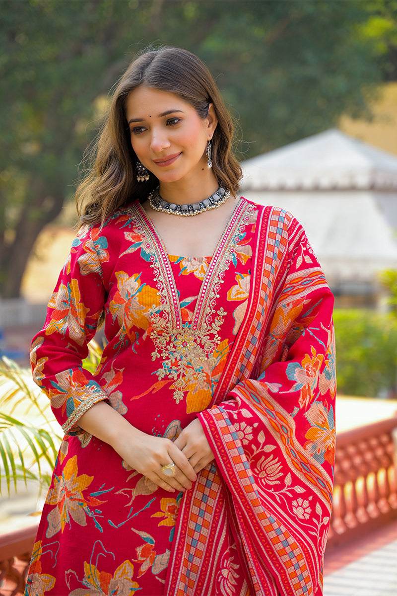 Red Viscose Floral Printed Straight Kurta Trousers With Dupatta PKSKD3159