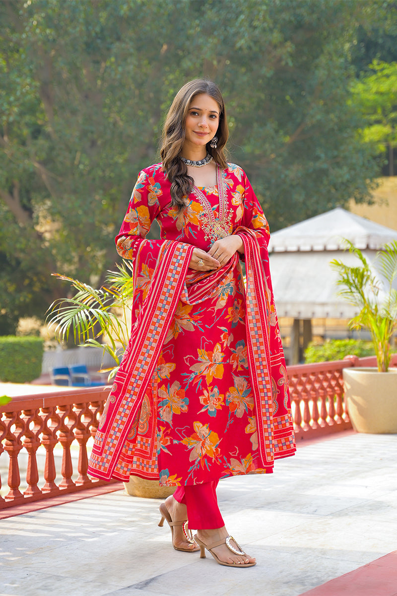 Red Viscose Floral Printed Straight Kurta Trousers With Dupatta PKSKD3159
