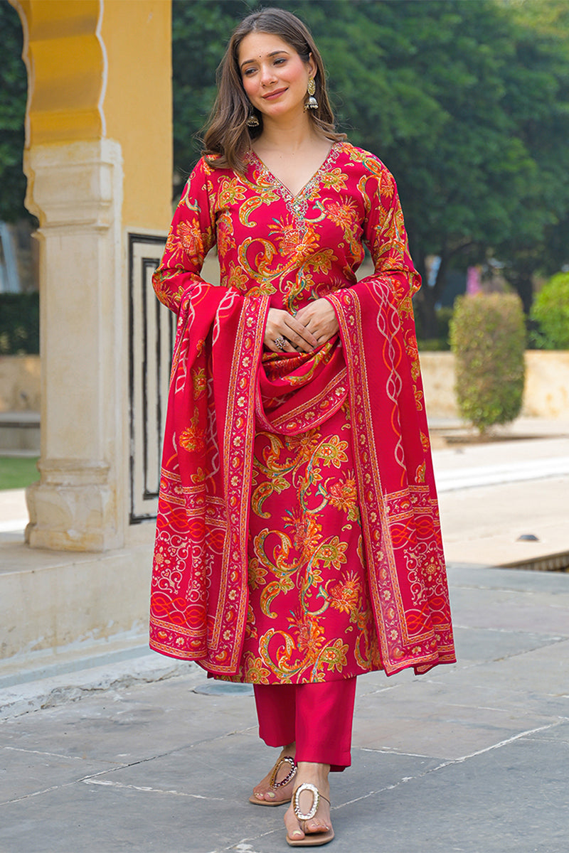 Pink Viscose Rayon Floral Printed Straight Kurta Trousers With Dupatta PKSKD3175