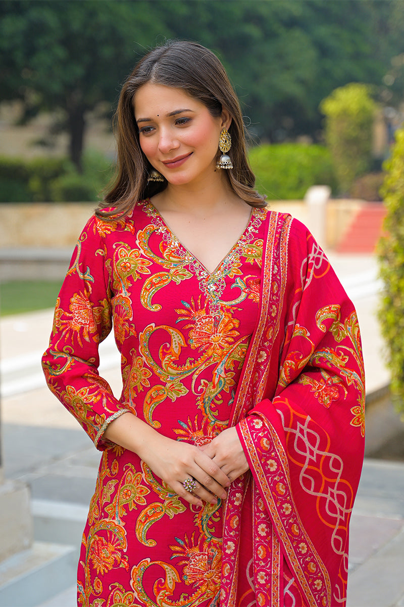 Pink Viscose Rayon Floral Printed Straight Kurta Trousers With Dupatta PKSKD3175