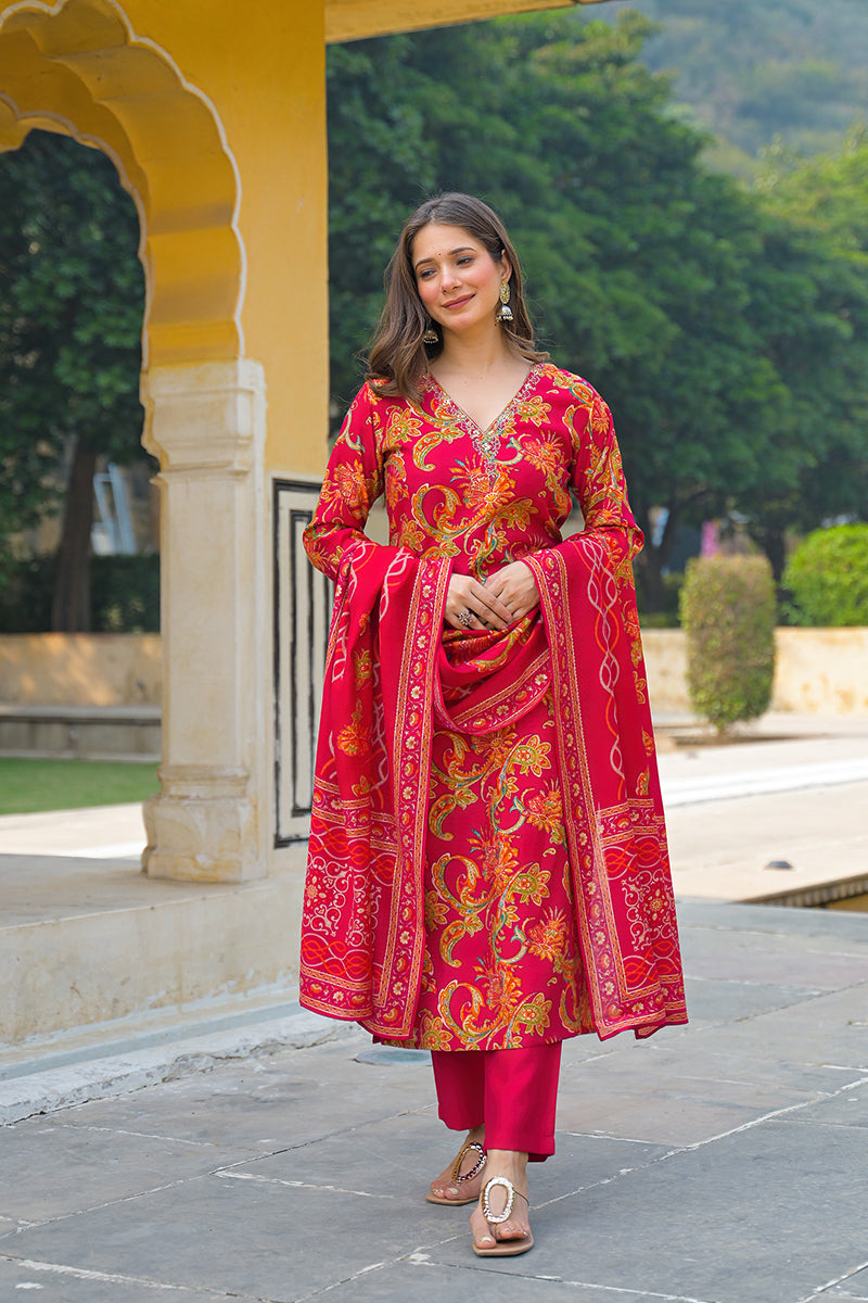Pink Viscose Rayon Floral Printed Straight Kurta Trousers With Dupatta PKSKD3175