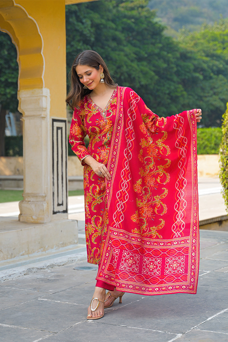 Pink Viscose Rayon Floral Printed Straight Kurta Trousers With Dupatta PKSKD3175