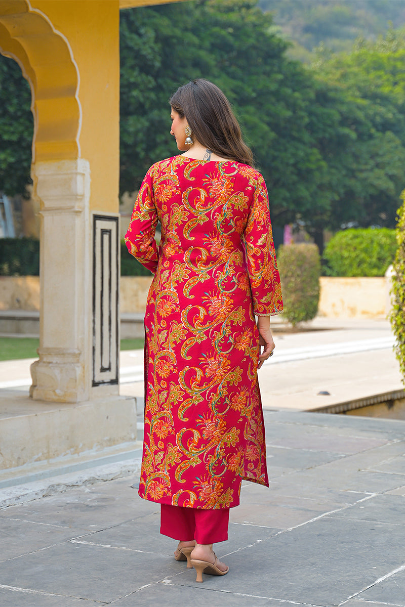 Pink Viscose Rayon Floral Printed Straight Kurta Trousers With Dupatta PKSKD3175
