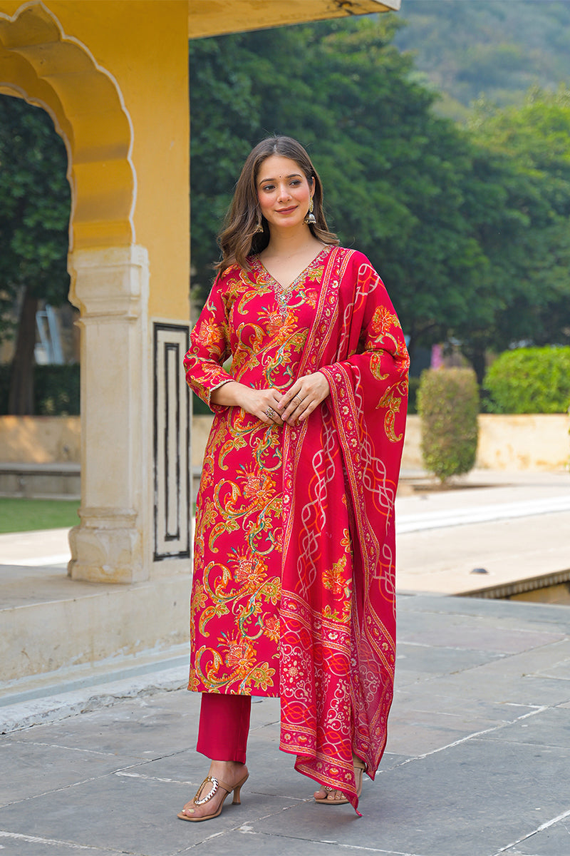 Pink Viscose Rayon Floral Printed Straight Kurta Trousers With Dupatta PKSKD3175