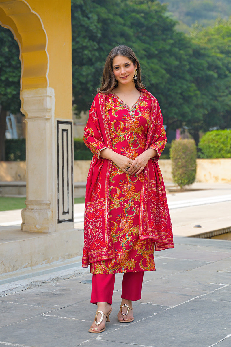 Pink Viscose Rayon Floral Printed Straight Kurta Trousers With Dupatta PKSKD3175