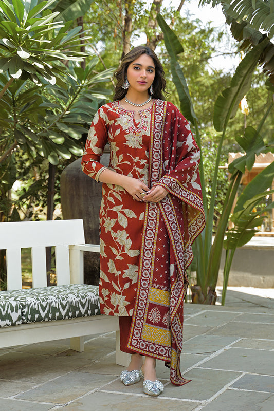 Brown Viscose Rayon Embroidered Straight Kurta Trousers With Dupatta PKSKD3177