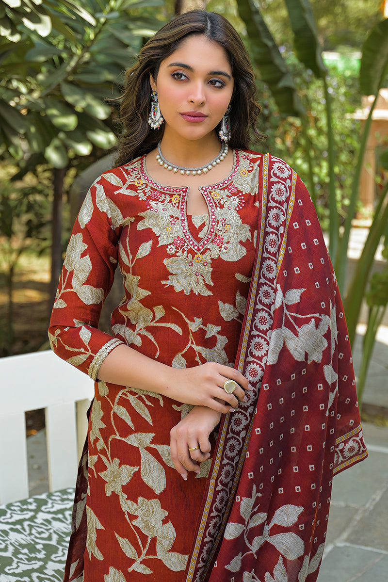 Brown Viscose Rayon Embroidered Straight Kurta Trousers With Dupatta PKSKD3177