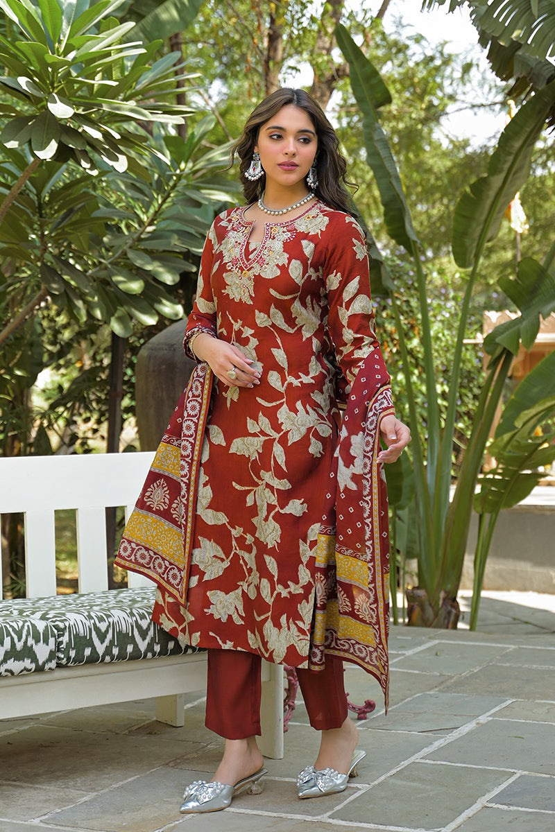 Brown Viscose Rayon Embroidered Straight Kurta Trousers With Dupatta PKSKD3177