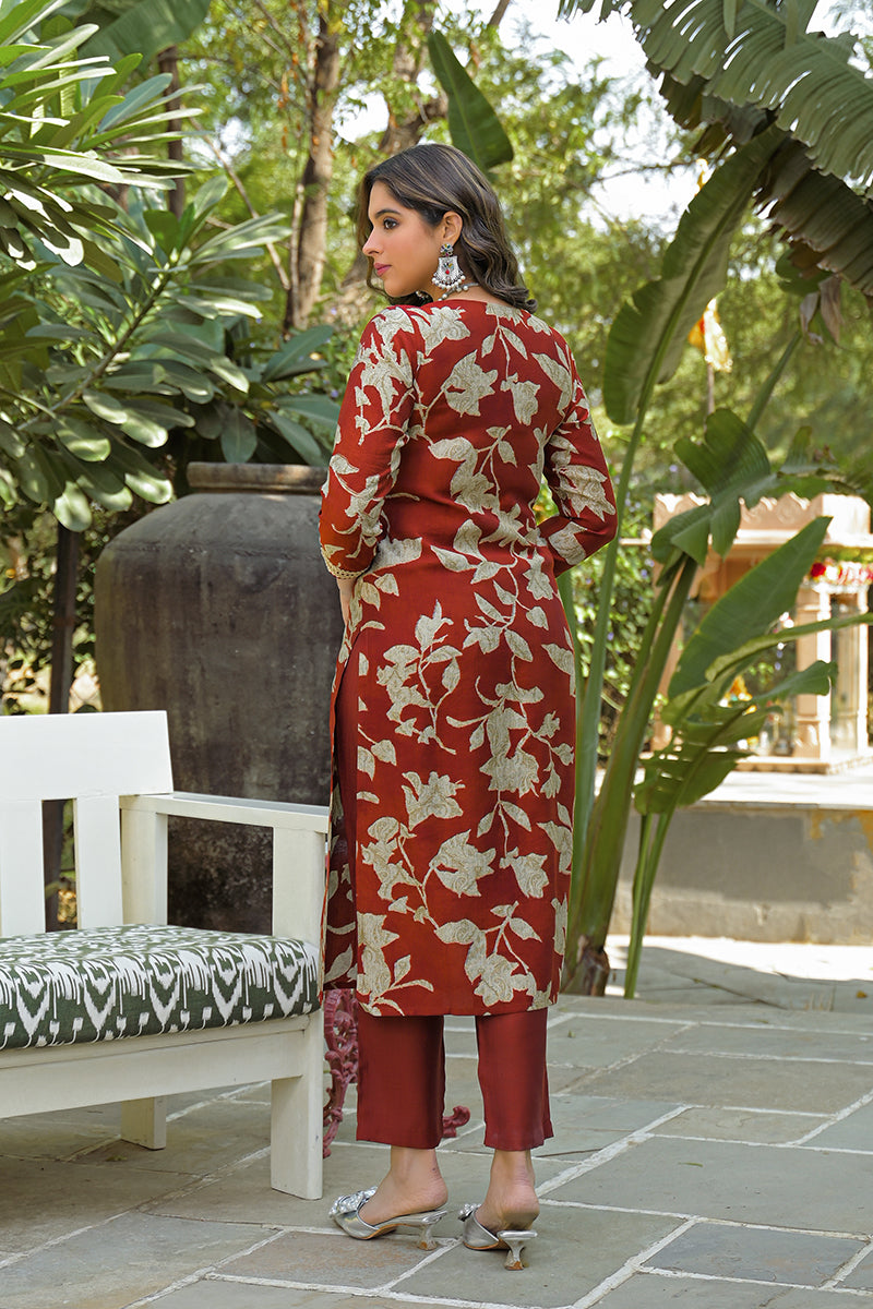 Brown Viscose Rayon Embroidered Straight Kurta Trousers With Dupatta PKSKD3177