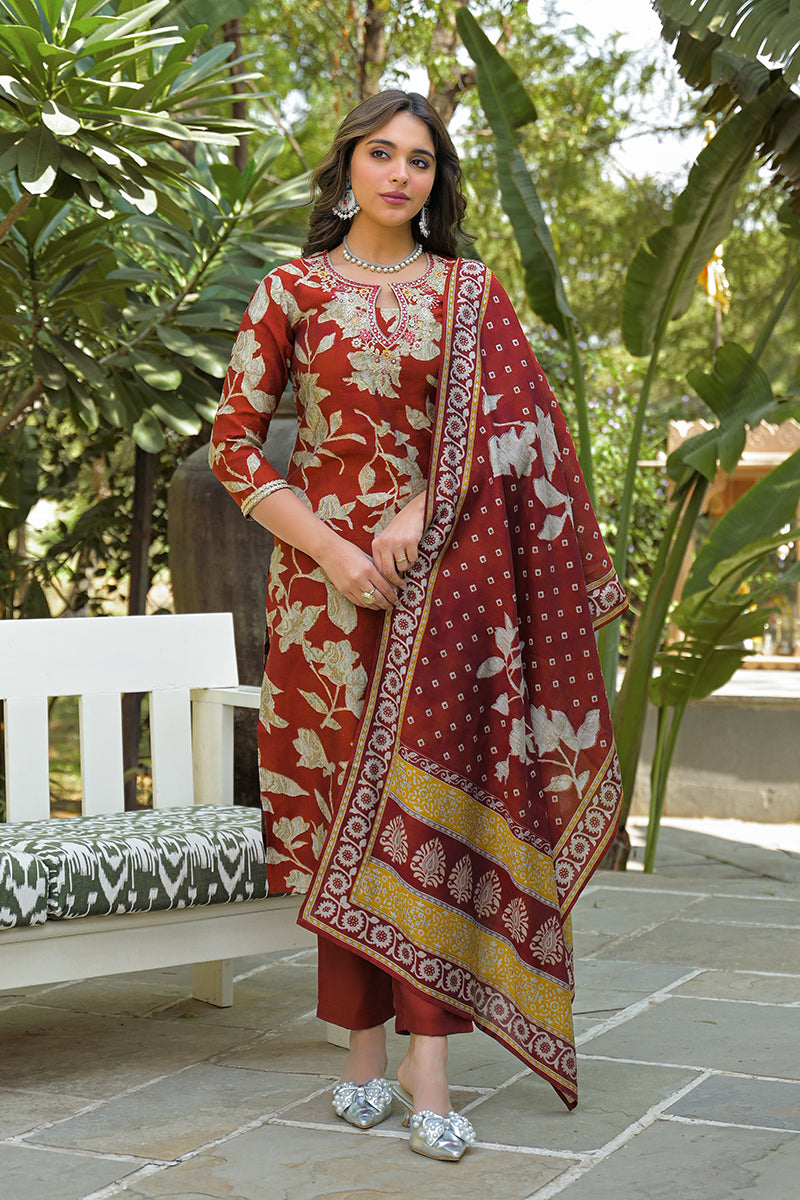 Brown Viscose Rayon Embroidered Straight Kurta Trousers With Dupatta PKSKD3177