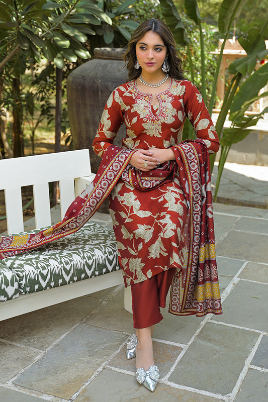 Brown Viscose Rayon Embroidered Straight Kurta Trousers With Dupatta PKSKD3177