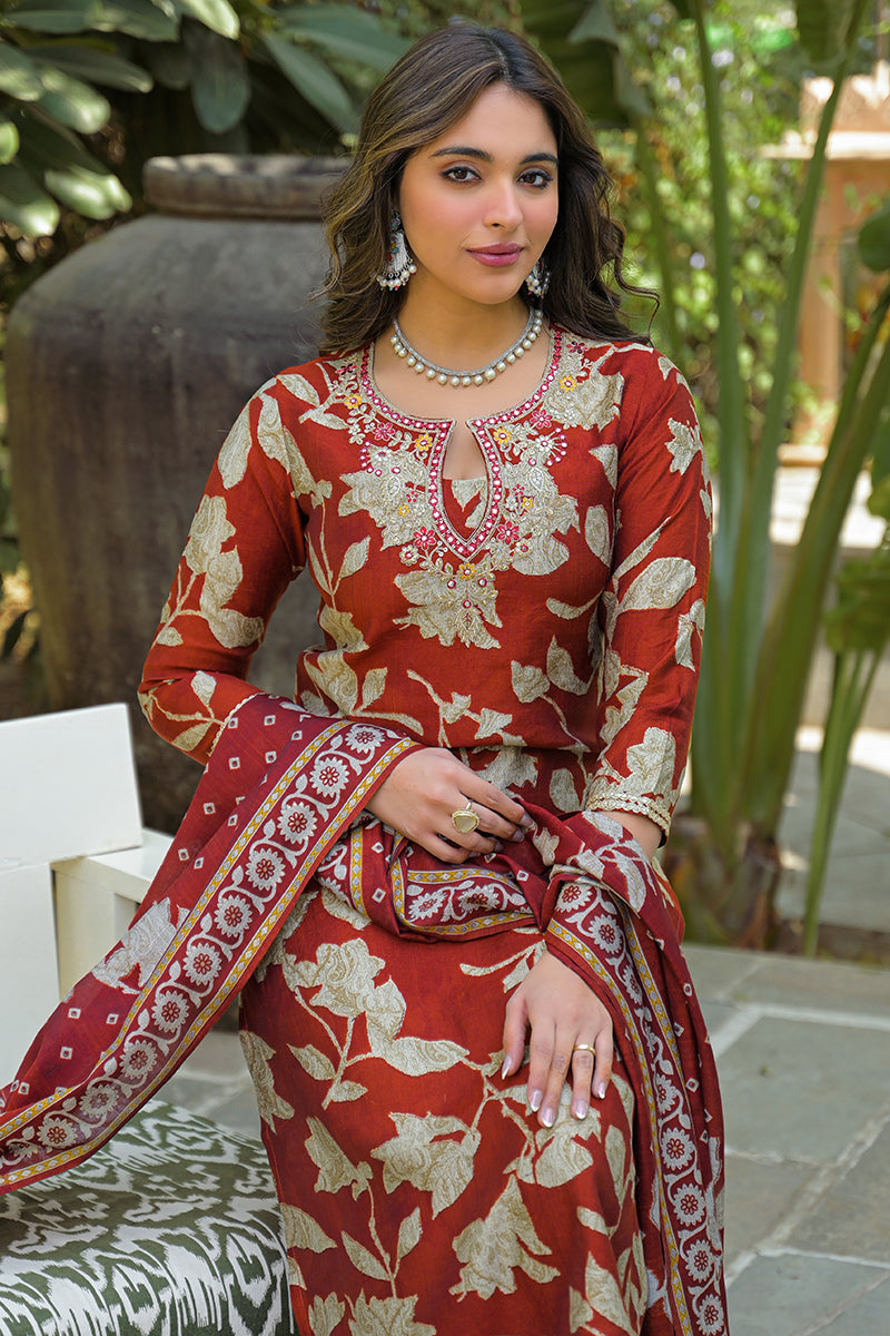 Brown Viscose Rayon Embroidered Straight Kurta Trousers With Dupatta PKSKD3177