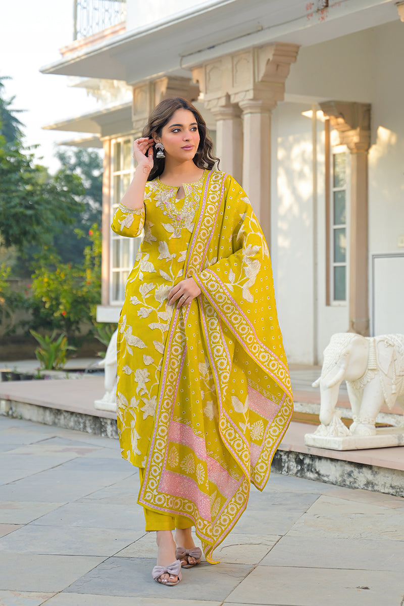 Yellow Viscose Rayon Floral Printed Straight Kurta Trousers With Dupatta PKSKD3179