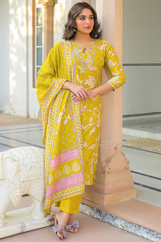Yellow Viscose Rayon Floral Printed Straight Kurta Trousers With Dupatta PKSKD3179