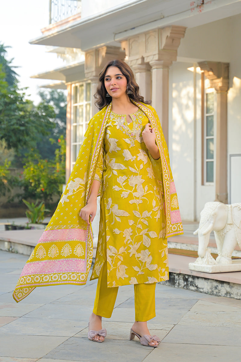 Yellow Viscose Rayon Floral Printed Straight Kurta Trousers With Dupatta PKSKD3179
