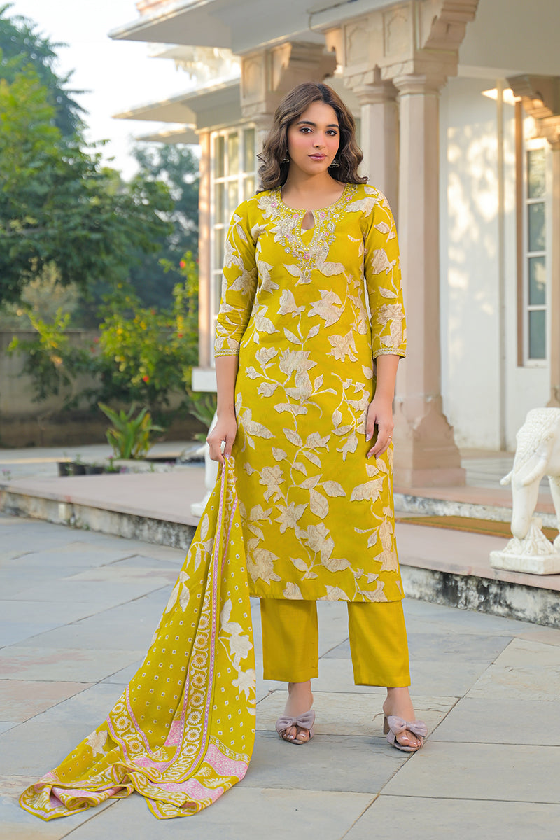 Yellow Viscose Rayon Floral Printed Straight Kurta Trousers With Dupatta PKSKD3179