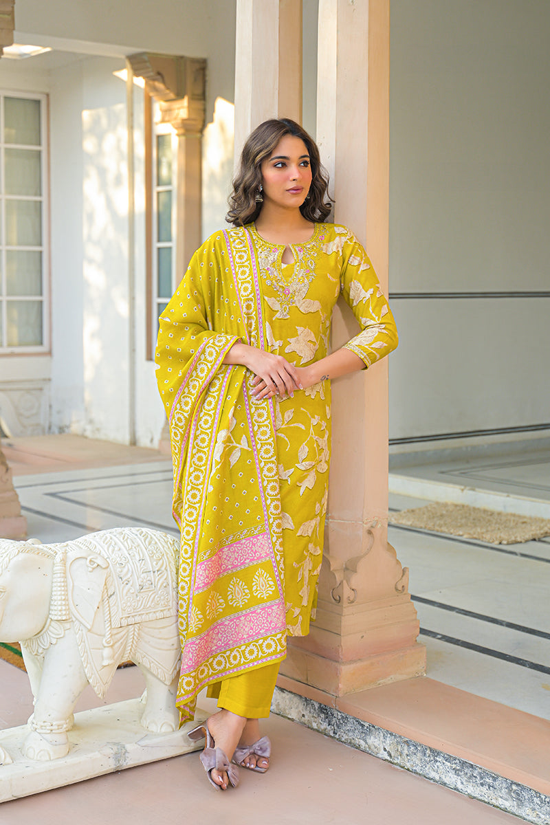 Yellow Viscose Rayon Floral Printed Straight Kurta Trousers With Dupatta PKSKD3179