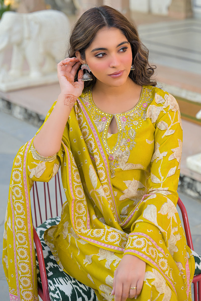 Yellow Viscose Rayon Floral Printed Straight Kurta Trousers With Dupatta PKSKD3179