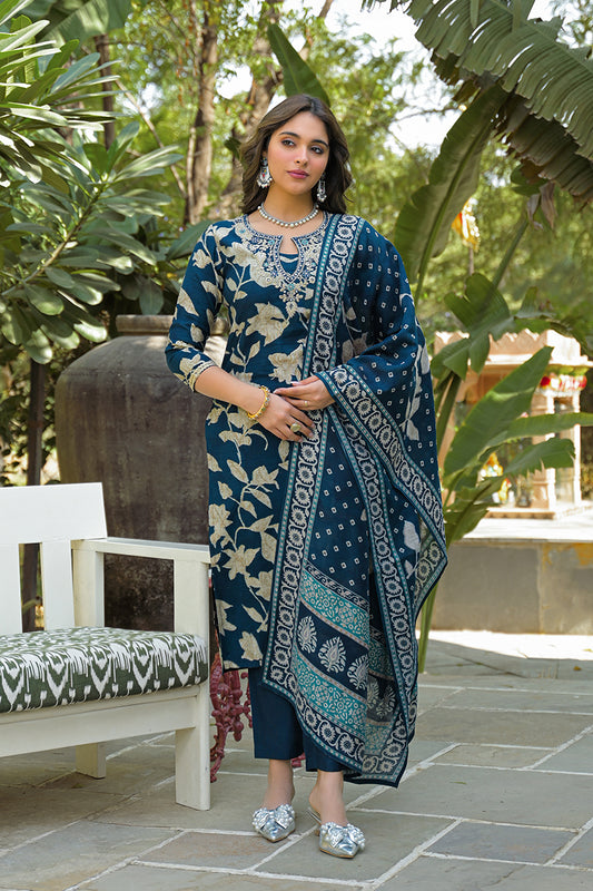 Navy Blue Viscose Rayon Floral Printed Straight Kurta Trousers With Dupatta PKSKD3181