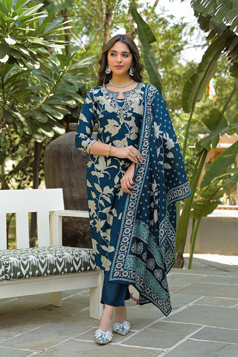 Navy Blue Viscose Rayon Floral Printed Straight Kurta Trousers With Dupatta PKSKD3181
