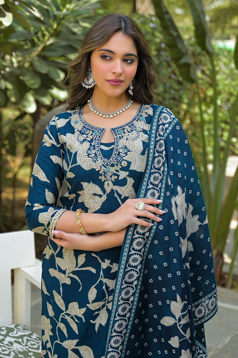 Navy Blue Viscose Rayon Floral Printed Straight Kurta Trousers With Dupatta PKSKD3181