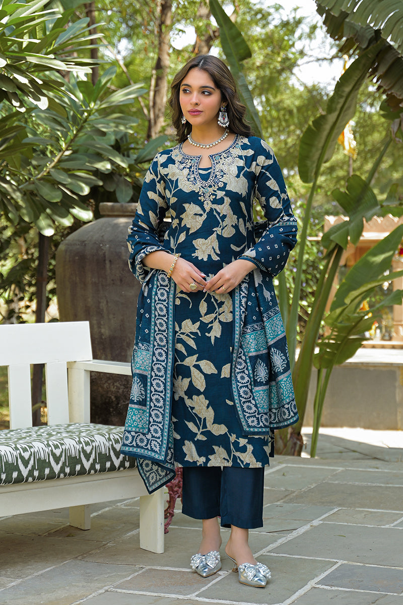 Navy Blue Viscose Rayon Floral Printed Straight Kurta Trousers With Dupatta PKSKD3181