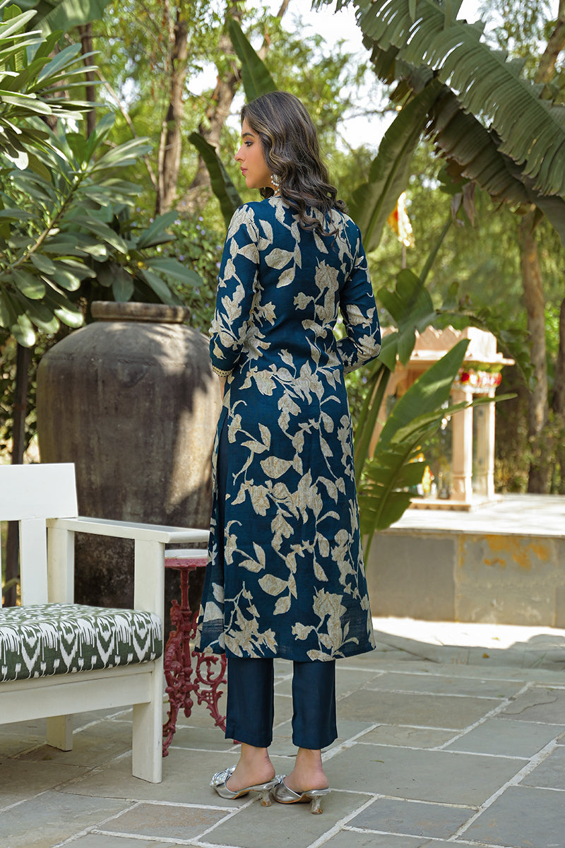 Navy Blue Viscose Rayon Floral Printed Straight Kurta Trousers With Dupatta PKSKD3181