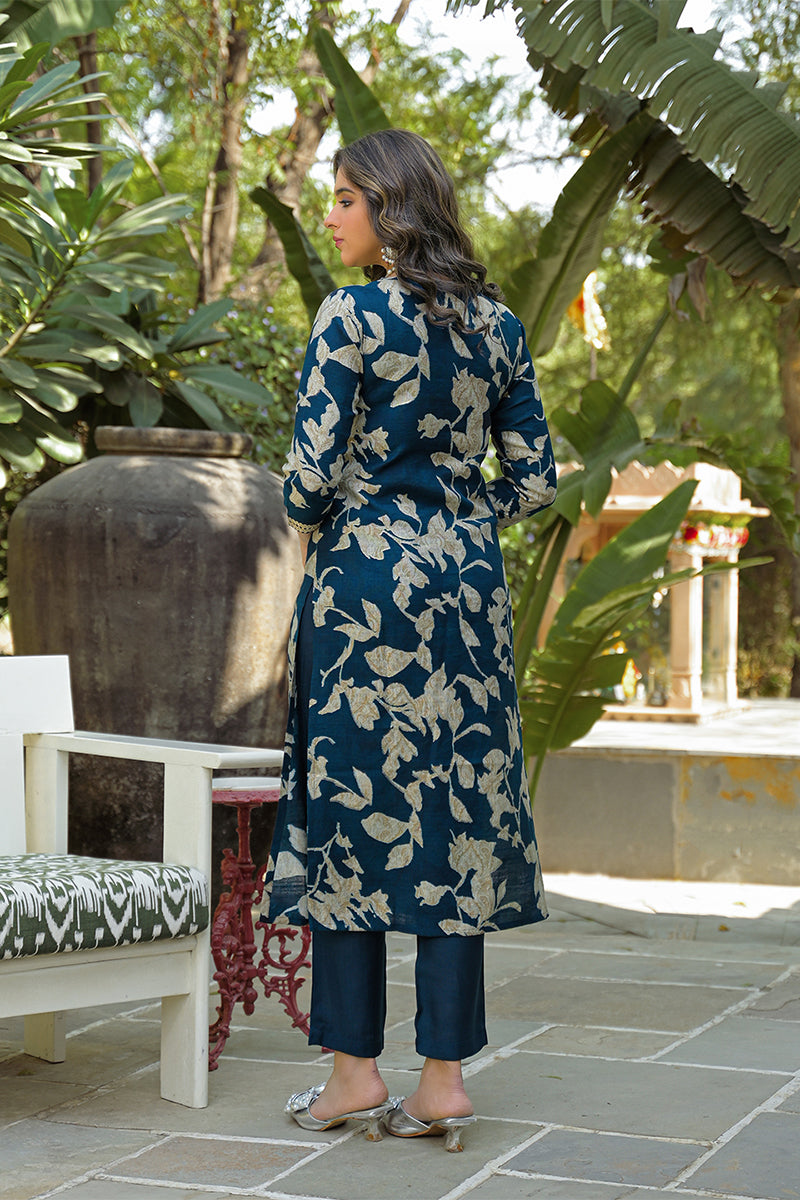 Navy Blue Viscose Rayon Floral Printed Straight Kurta Trousers With Dupatta PKSKD3181