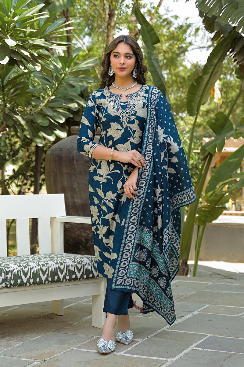 Navy Blue Viscose Rayon Floral Printed Straight Kurta Trousers With Dupatta PKSKD3181