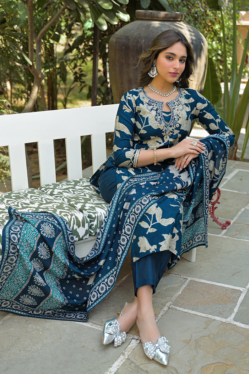 Navy Blue Viscose Rayon Floral Printed Straight Kurta Trousers With Dupatta PKSKD3181
