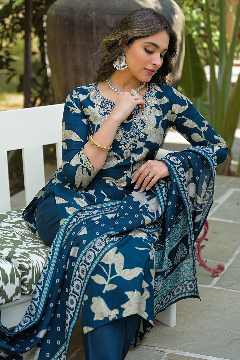 Navy Blue Viscose Rayon Floral Printed Straight Kurta Trousers With Dupatta PKSKD3181