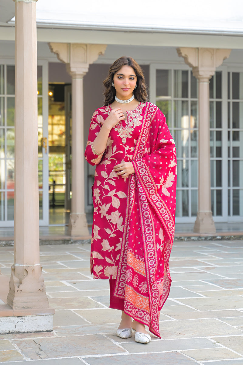 Red Viscose Rayon Embroidered Straight Kurta Trousers With Dupatta PKSKD3182