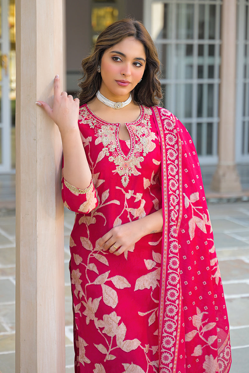 Red Viscose Rayon Embroidered Straight Kurta Trousers With Dupatta PKSKD3182