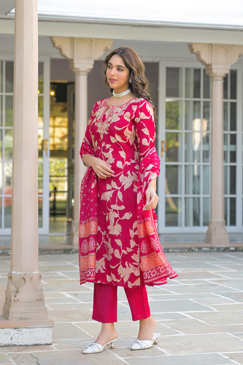 Red Viscose Rayon Embroidered Straight Kurta Trousers With Dupatta PKSKD3182
