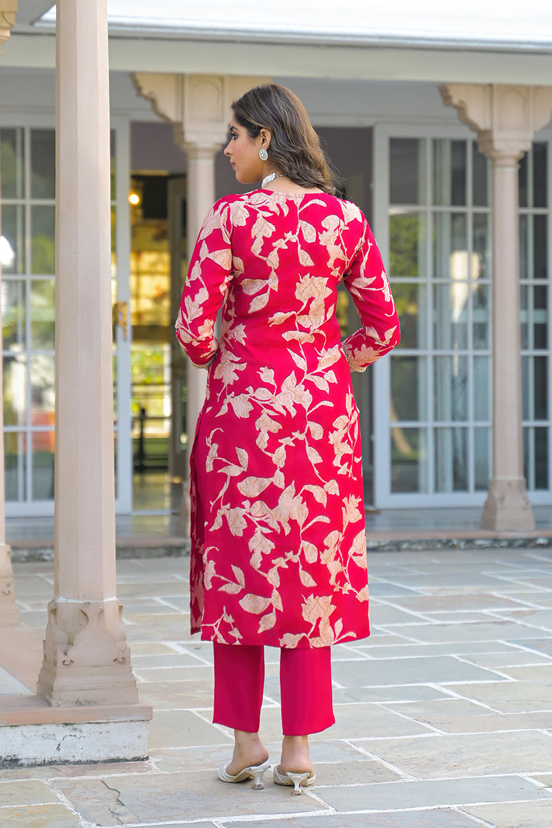 Red Viscose Rayon Embroidered Straight Kurta Trousers With Dupatta PKSKD3182