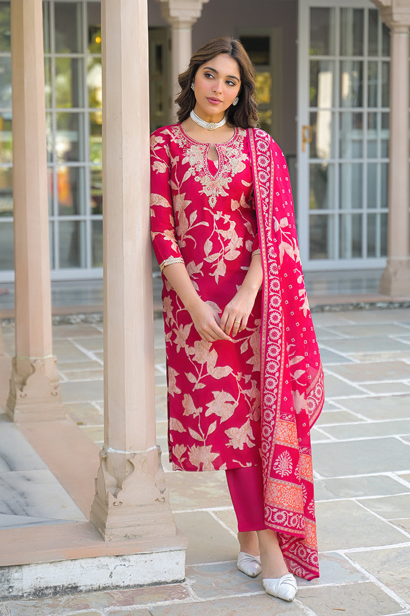 Red Viscose Rayon Embroidered Straight Kurta Trousers With Dupatta PKSKD3182