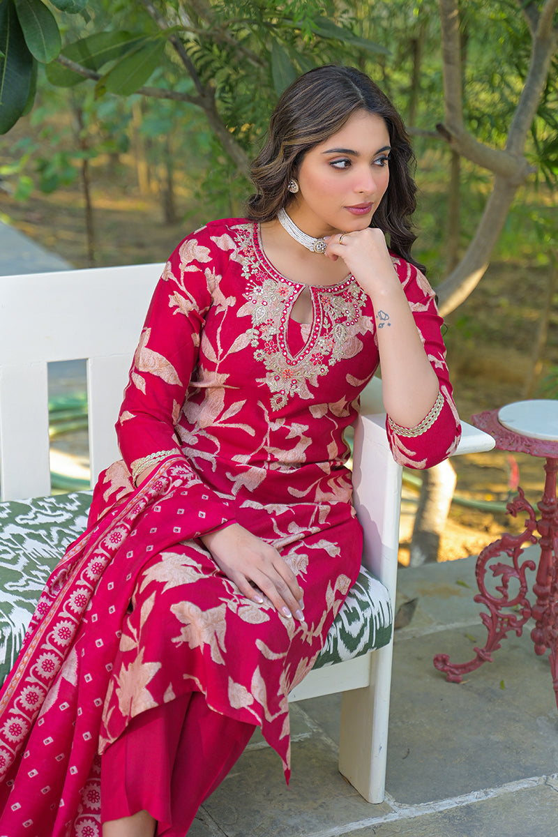 Red Viscose Rayon Embroidered Straight Kurta Trousers With Dupatta PKSKD3182