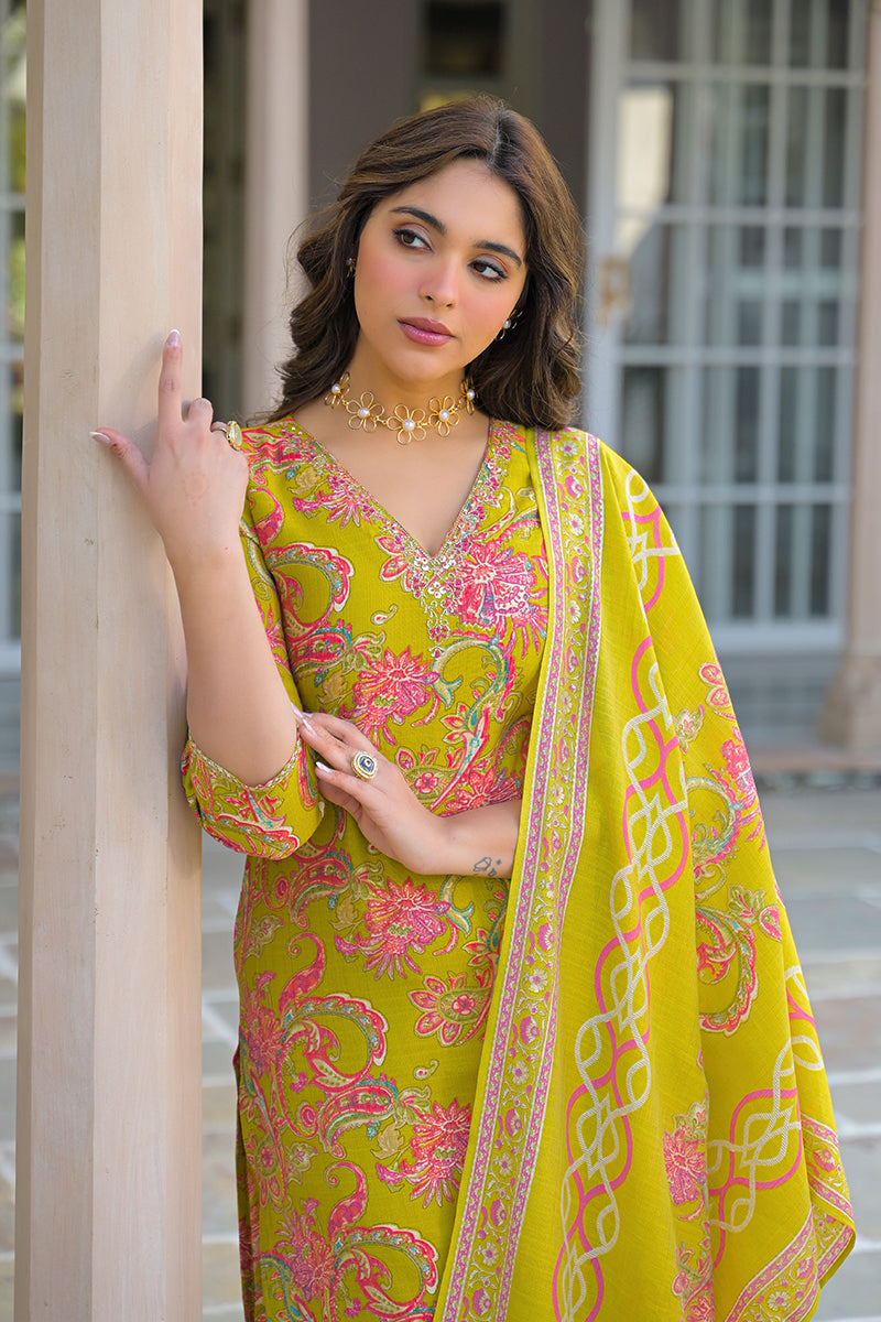 Yellow Viscose Rayon Embroidered Straight Kurta Trousers With Dupatta PKSKD3184