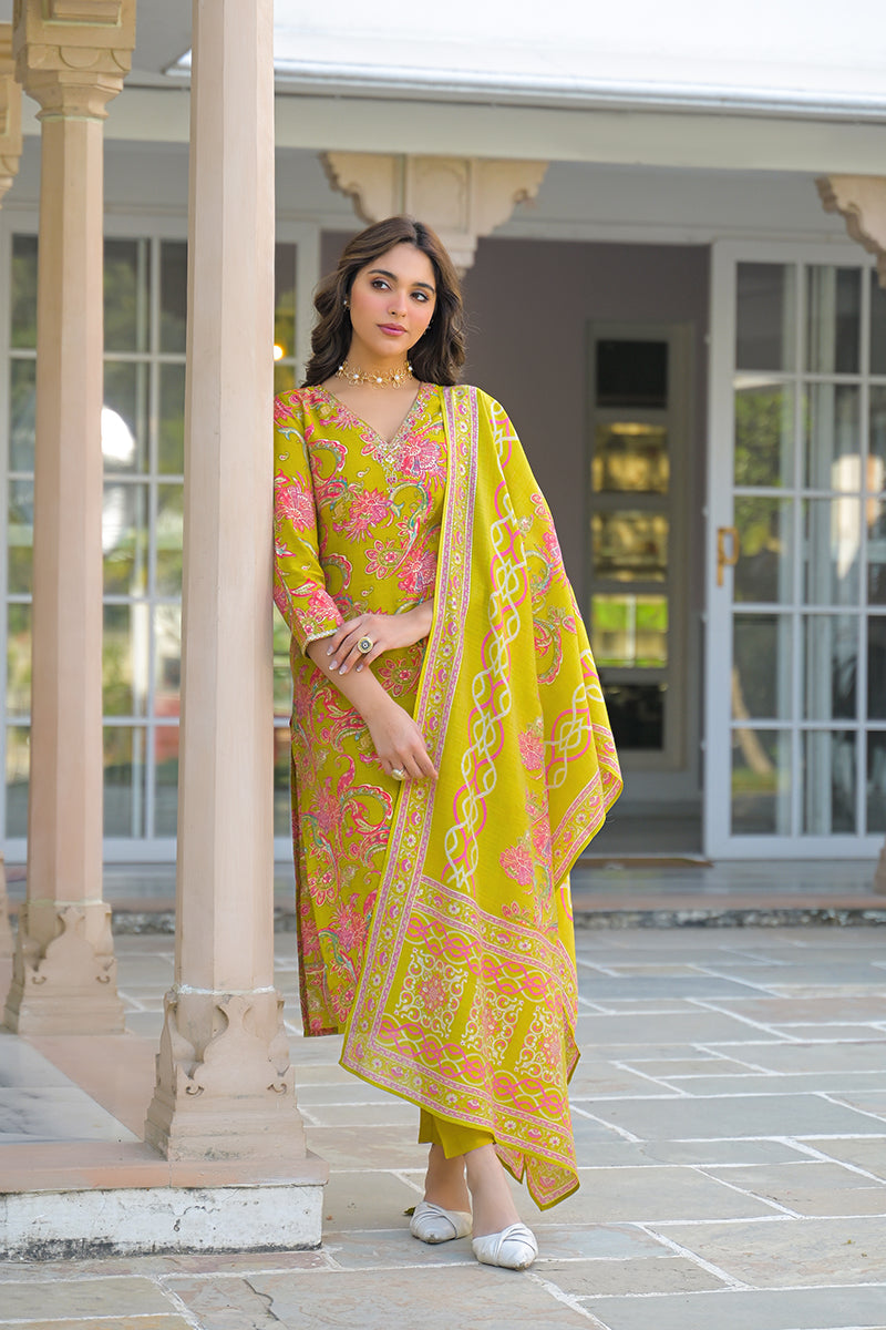 Yellow Viscose Rayon Embroidered Straight Kurta Trousers With Dupatta PKSKD3184
