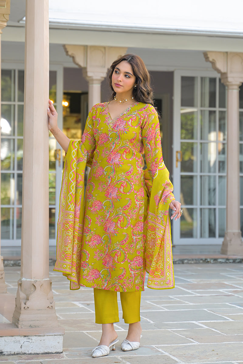 Yellow Viscose Rayon Embroidered Straight Kurta Trousers With Dupatta PKSKD3184