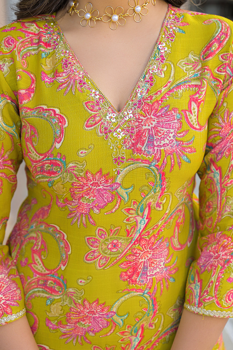 Yellow Viscose Rayon Embroidered Straight Kurta Trousers With Dupatta PKSKD3184